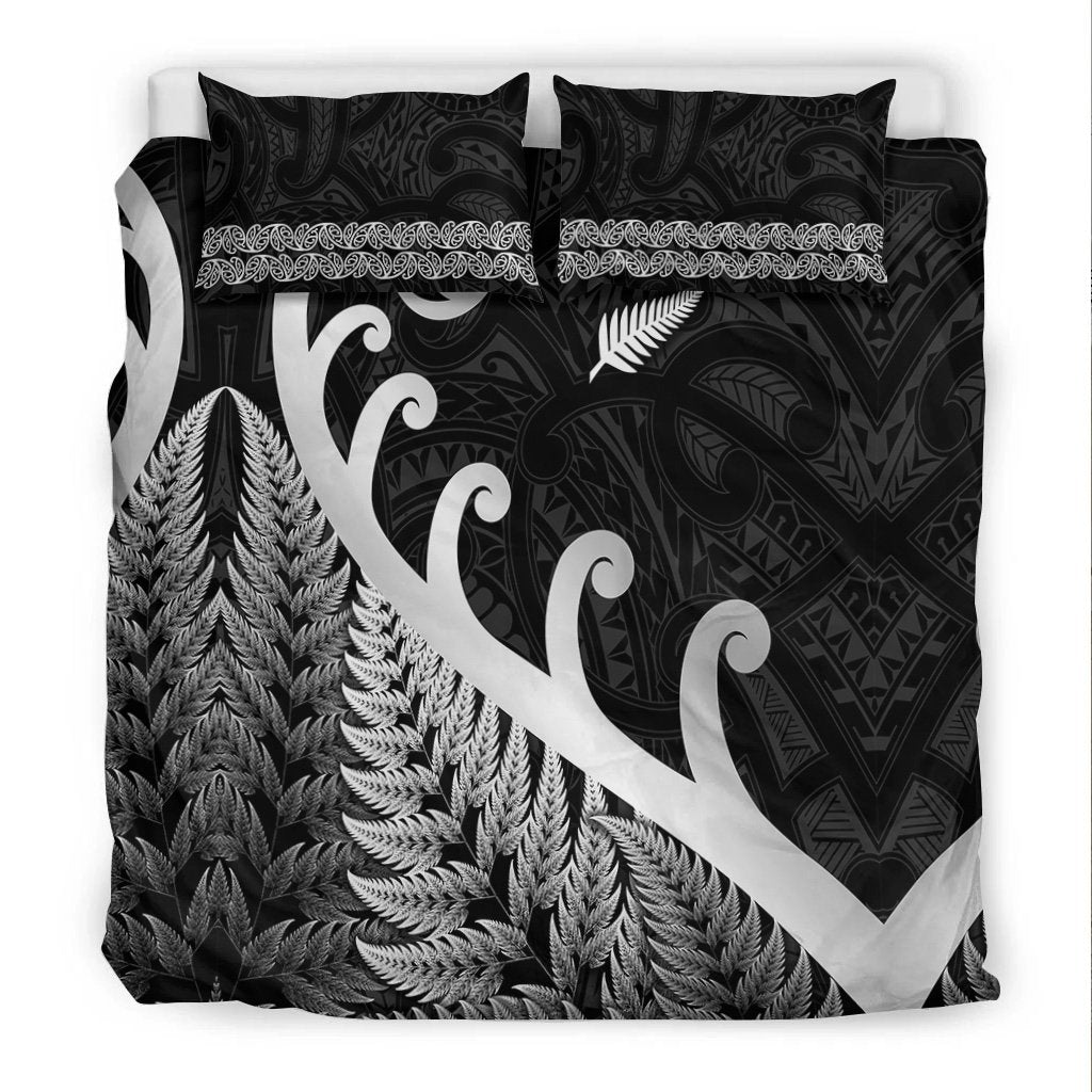 New Zealand Rugby Maori Bedding Set Silver Fern Koru Vibes Black LT8