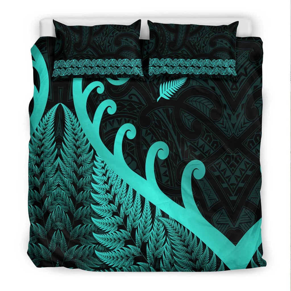 New Zealand Rugby Maori Bedding Set Silver Fern Koru Vibes Turquoise LT8