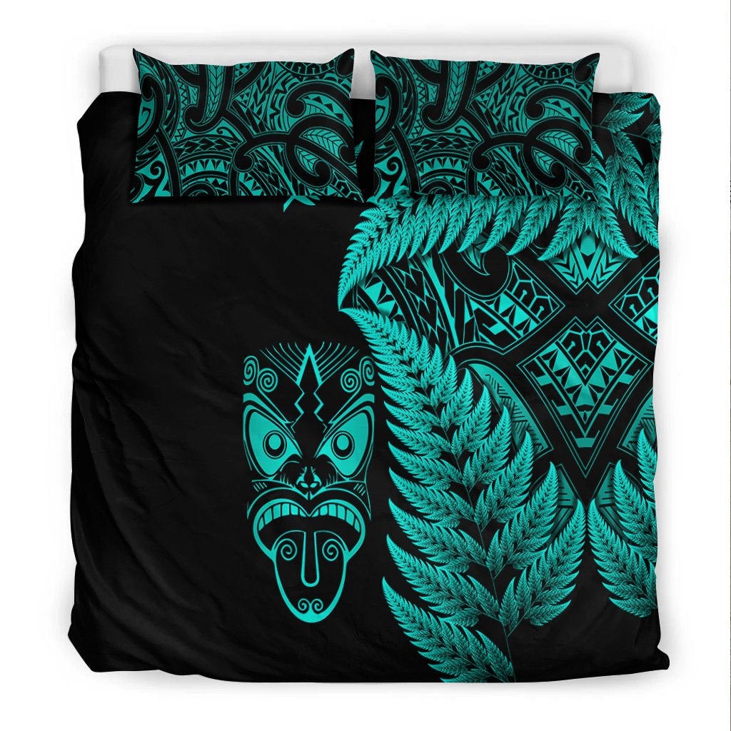 New Zealand Haka Rugby Maori Bedding Set Silver Fern Vibes Turquoise LT8