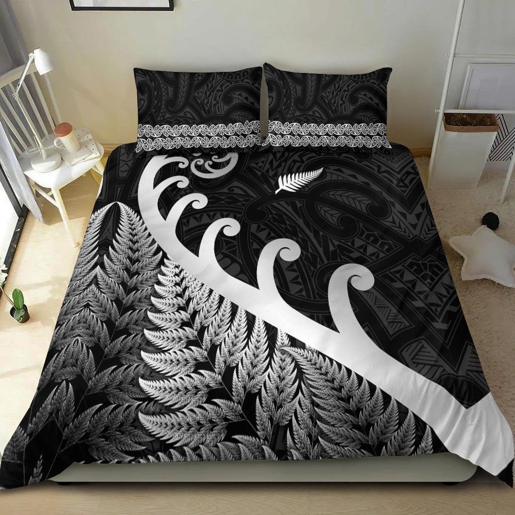 New Zealand Rugby Maori Bedding Set Silver Fern Koru Vibes Black LT8