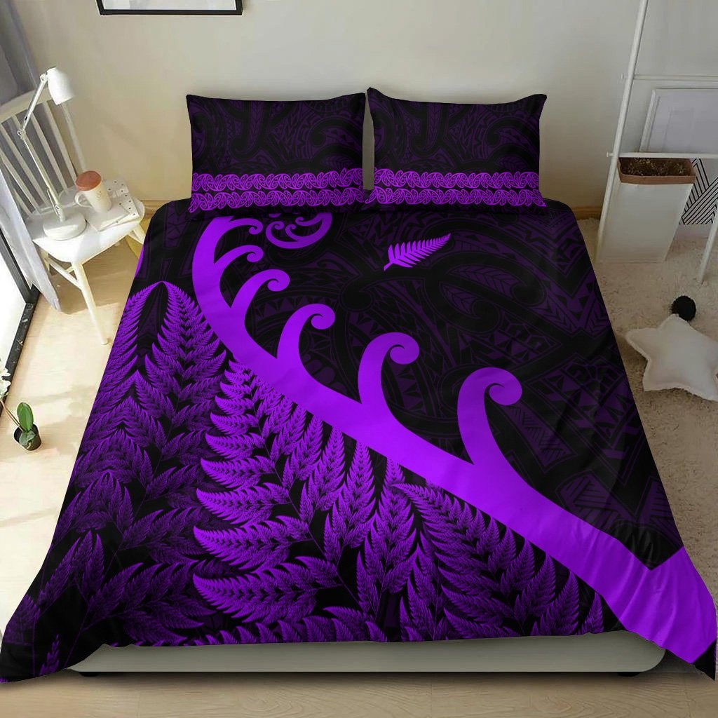 New Zealand Rugby Maori Bedding Set Silver Fern Koru Vibes Purple LT8
