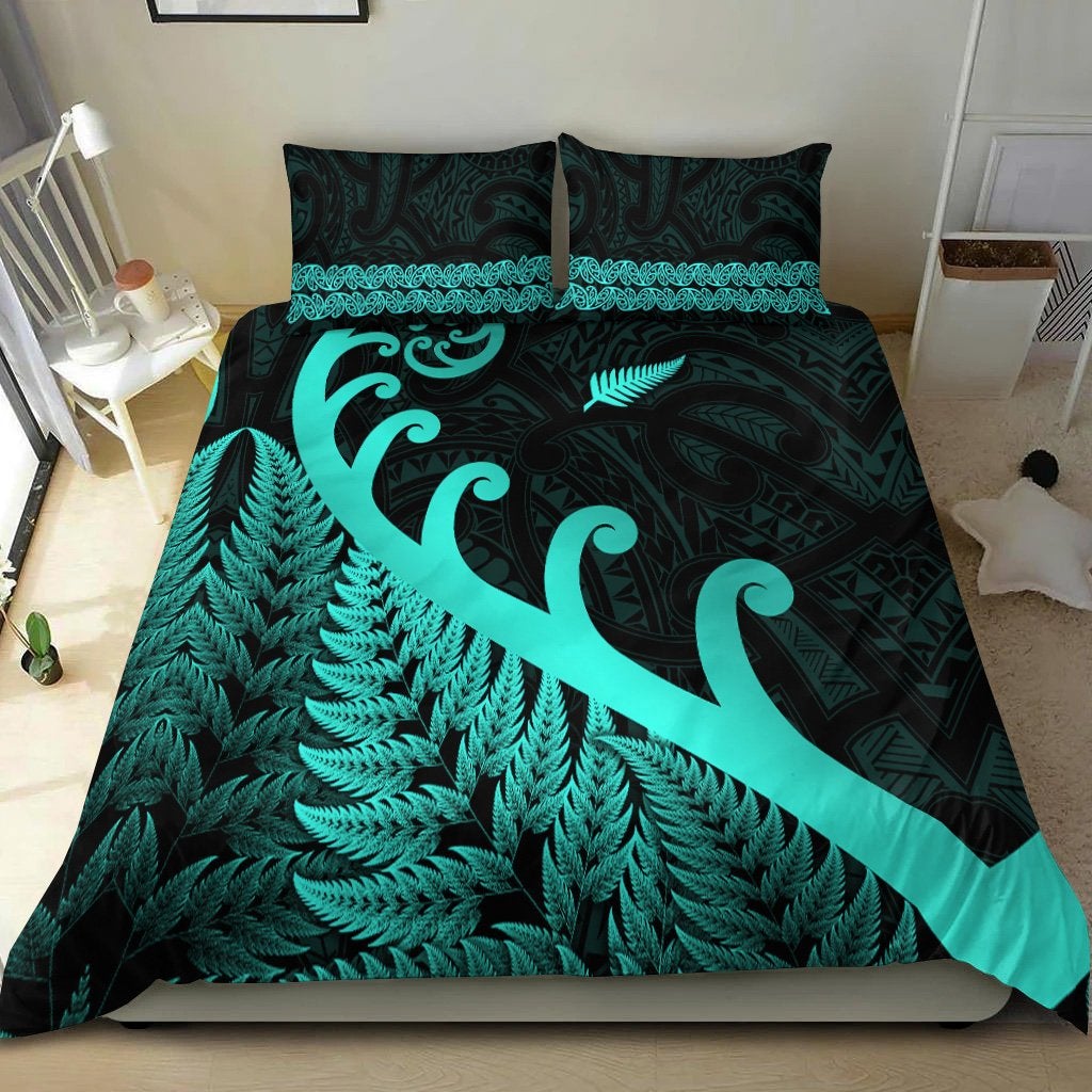 New Zealand Rugby Maori Bedding Set Silver Fern Koru Vibes Turquoise LT8