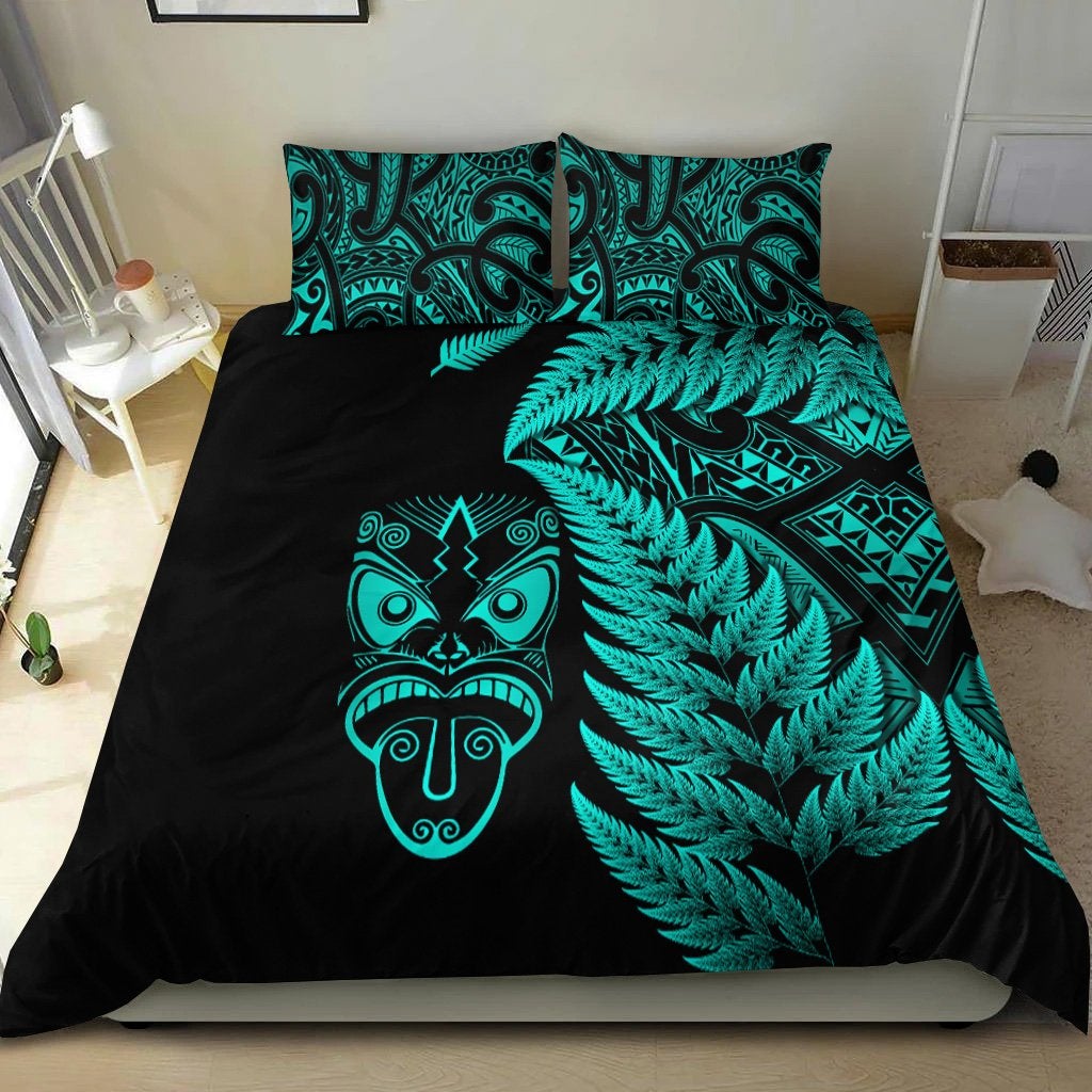 New Zealand Haka Rugby Maori Bedding Set Silver Fern Vibes Turquoise LT8