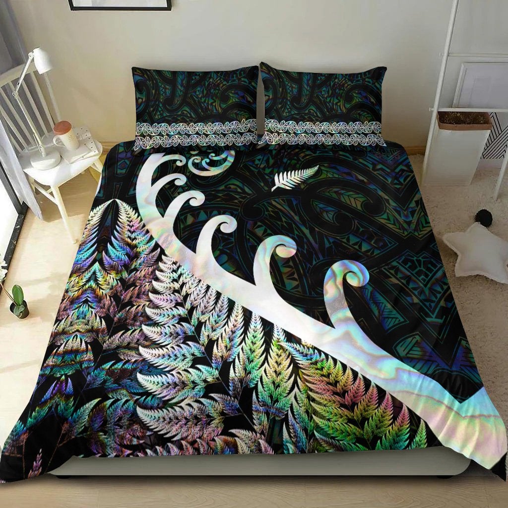 New Zealand Rugby Maori Bedding Set Silver Fern Koru Vibes Paua Shell LT8