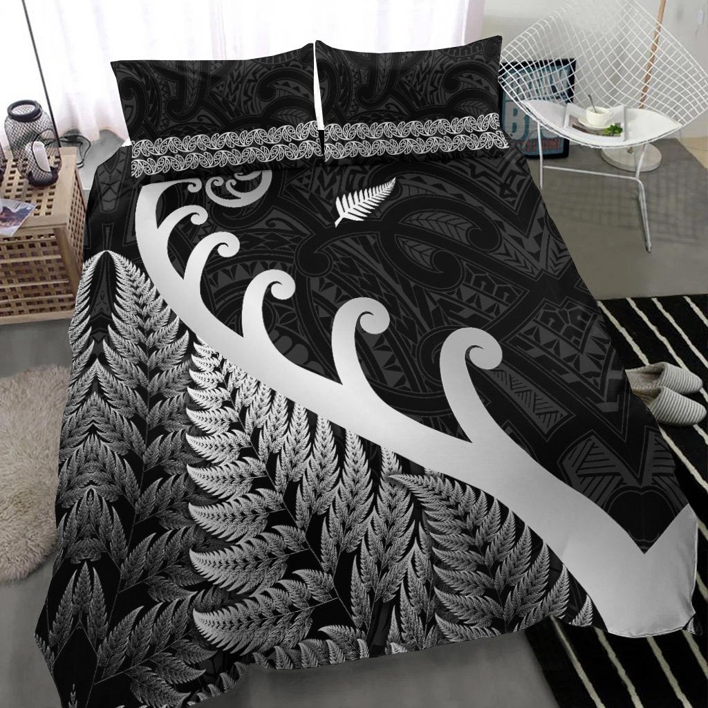 New Zealand Rugby Maori Bedding Set Silver Fern Koru Vibes Black LT8