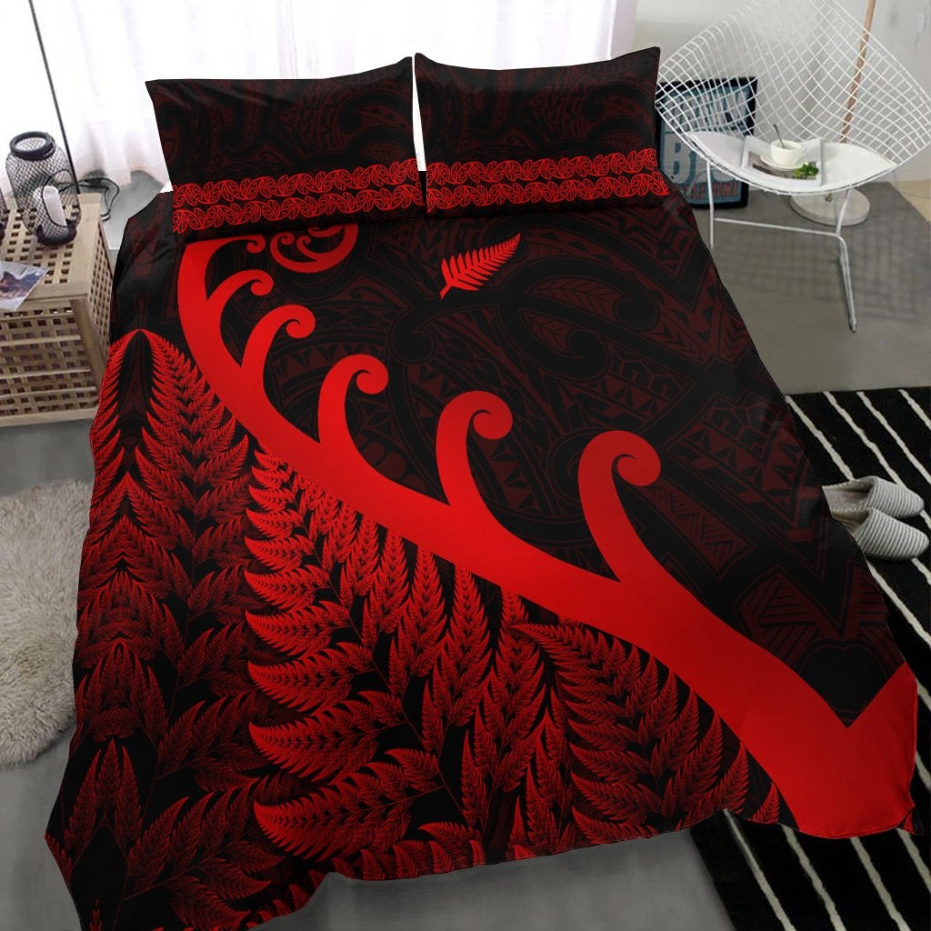 New Zealand Rugby Maori Bedding Set Silver Fern Koru Vibes Red LT8