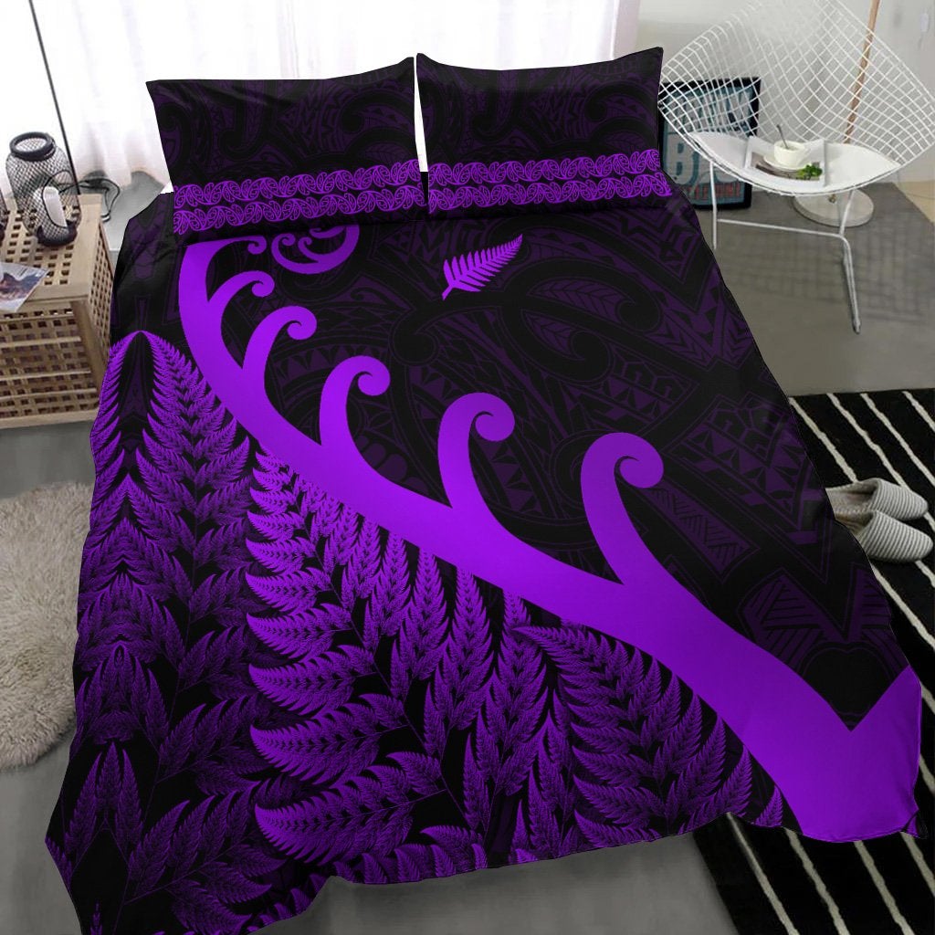 New Zealand Rugby Maori Bedding Set Silver Fern Koru Vibes Purple LT8