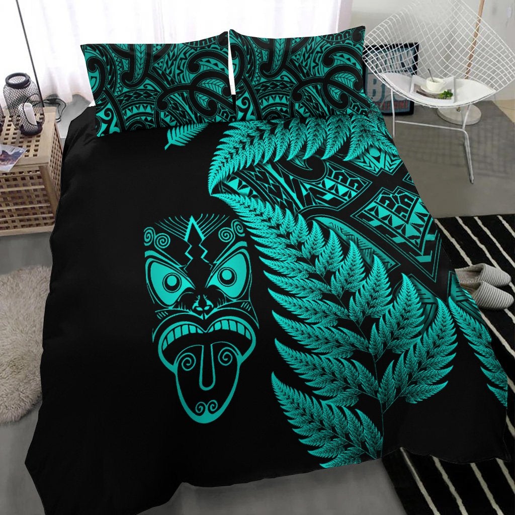 New Zealand Haka Rugby Maori Bedding Set Silver Fern Vibes Turquoise LT8