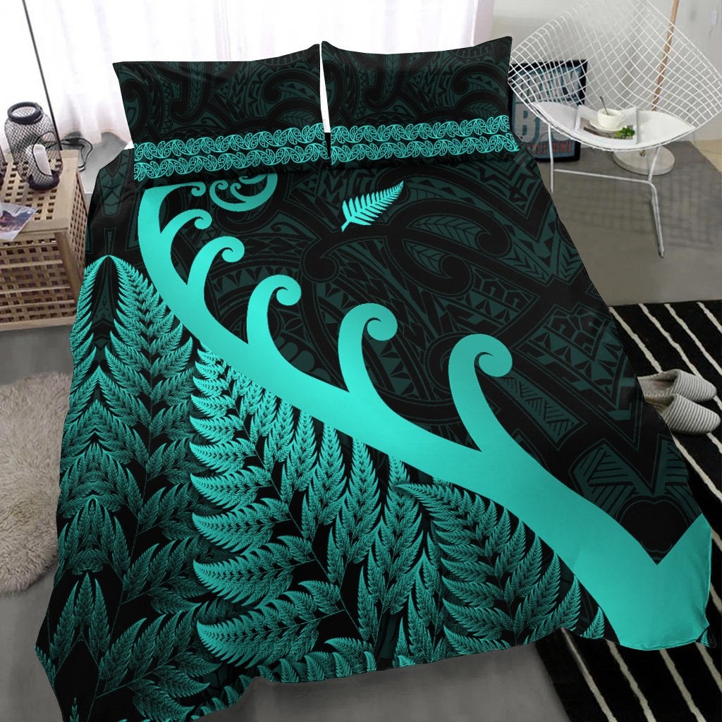 New Zealand Rugby Maori Bedding Set Silver Fern Koru Vibes Turquoise LT8