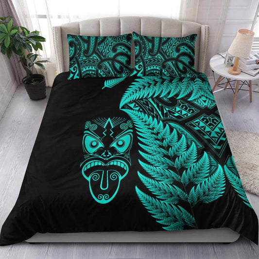 New Zealand Haka Rugby Maori Bedding Set Silver Fern Vibes Turquoise LT8