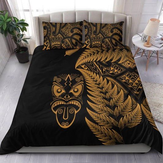 New Zealand Haka Rugby Maori Bedding Set Silver Fern Vibes Gold LT8