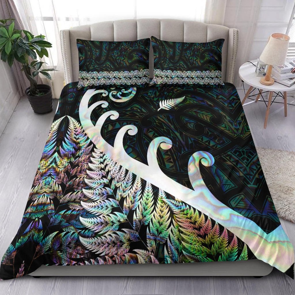 New Zealand Rugby Maori Bedding Set Silver Fern Koru Vibes Paua Shell LT8
