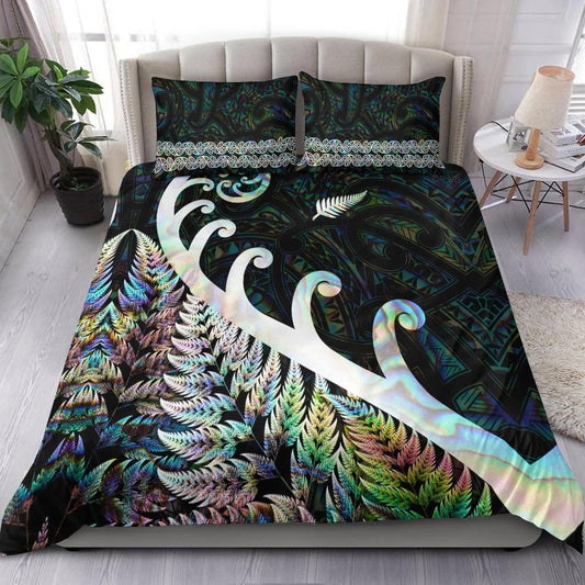New Zealand Rugby Maori Bedding Set Silver Fern Koru Vibes Paua Shell LT8
