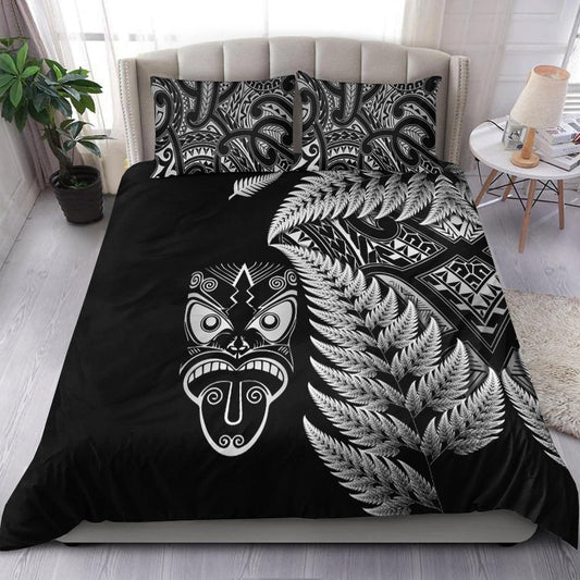 New Zealand Haka Rugby Maori Bedding Set Silver Fern Vibes Black LT8