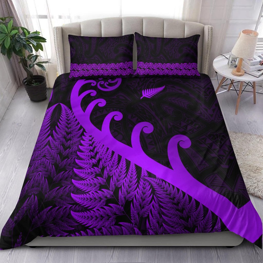 New Zealand Rugby Maori Bedding Set Silver Fern Koru Vibes Purple LT8