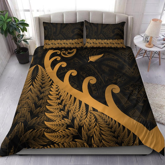 New Zealand Rugby Maori Bedding Set Silver Fern Koru Vibes Gold LT8