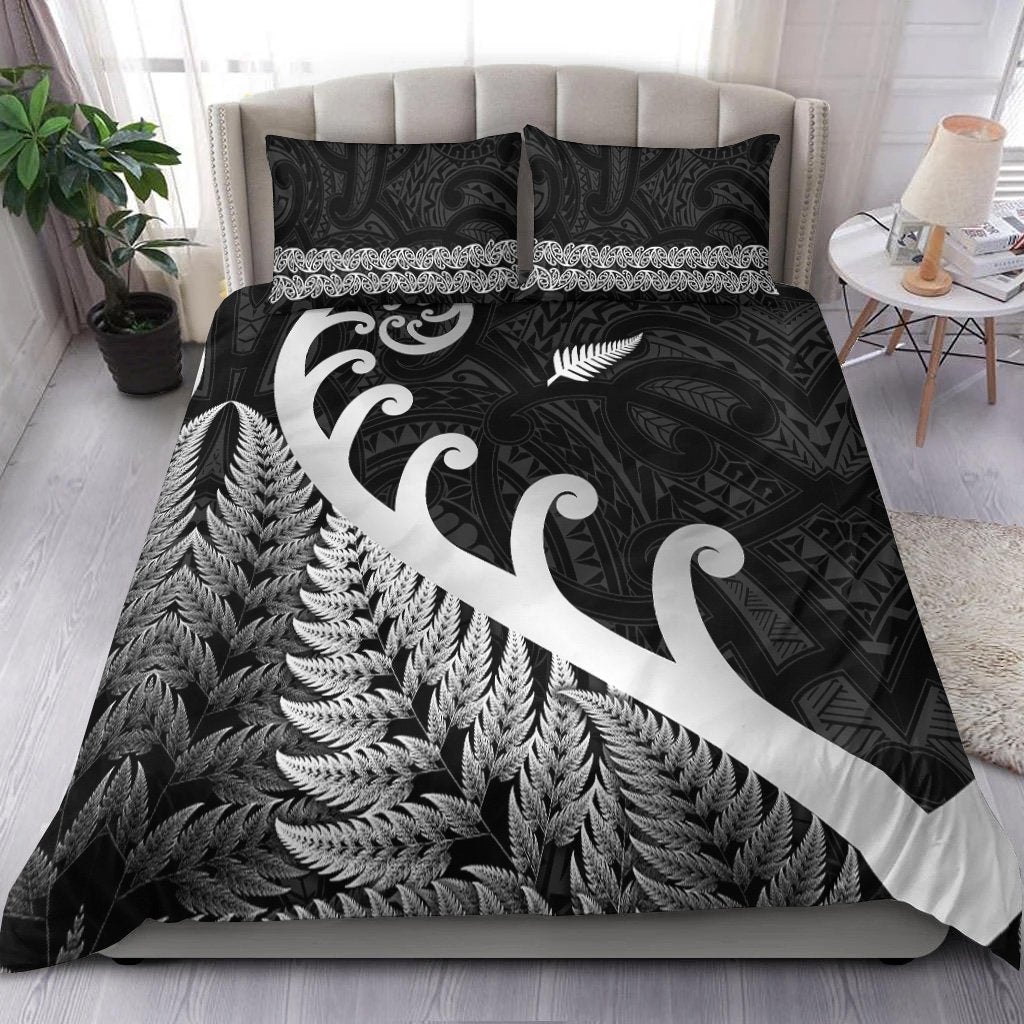 New Zealand Rugby Maori Bedding Set Silver Fern Koru Vibes Black LT8