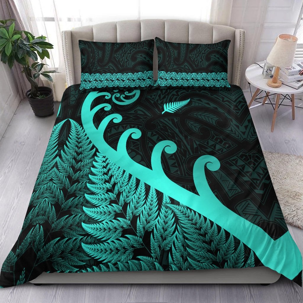 New Zealand Rugby Maori Bedding Set Silver Fern Koru Vibes Turquoise LT8