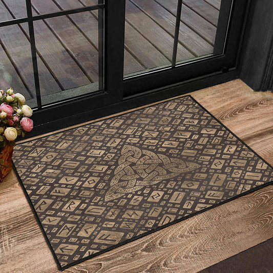 Viking Door Mat Triquetra and Runic Alphabet Wood and Gold Door Mat RLT12