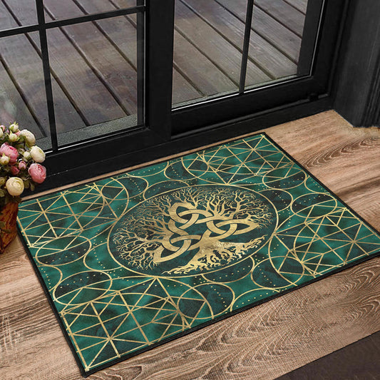 Viking Door Mat Tree Of Life with Triquetra Malachite and Gold Door Mat RLT12