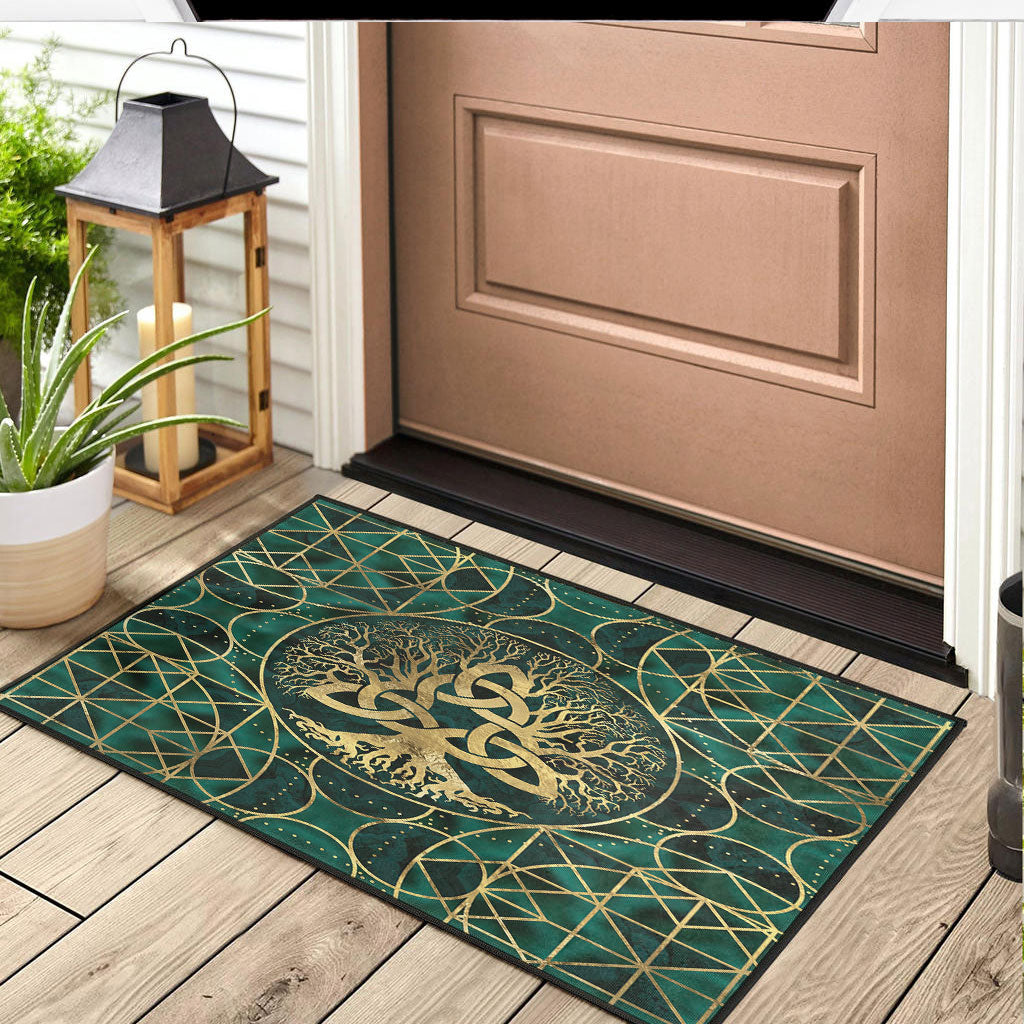 Viking Door Mat Tree Of Life with Triquetra Malachite and Gold Door Mat RLT12