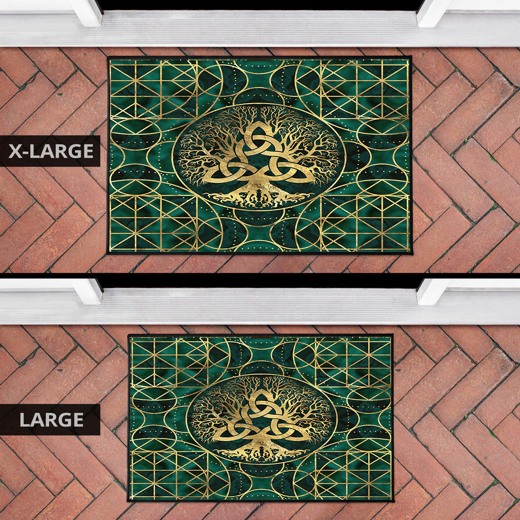 Viking Door Mat Tree Of Life with Triquetra Malachite and Gold Door Mat RLT12