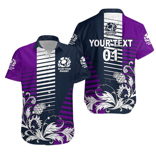(Custom Personalised) Scotland Rugby Hawaiian Shirt Scottish Thistle Style Navy Purple LT8