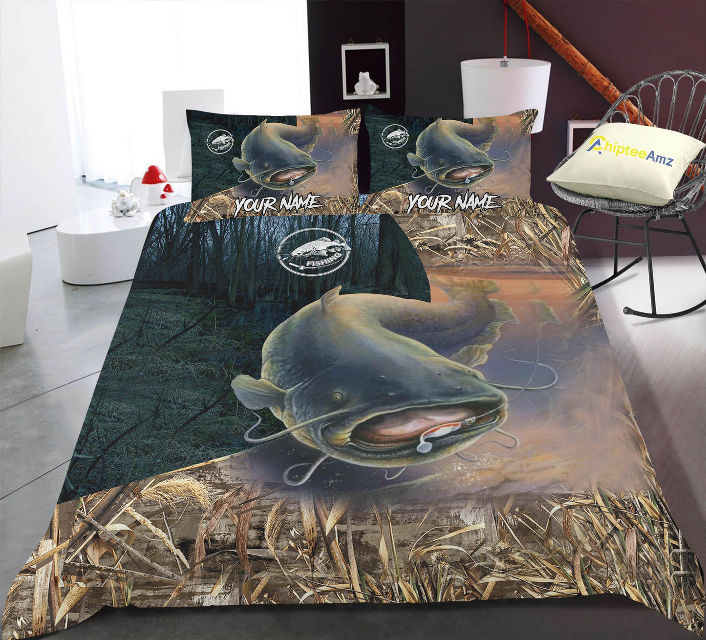 Catfish Fishing Camo Custom Fishing Bedding Sets, Personalized Fishing Gifts For Fisherman, Fishing Bedding Set