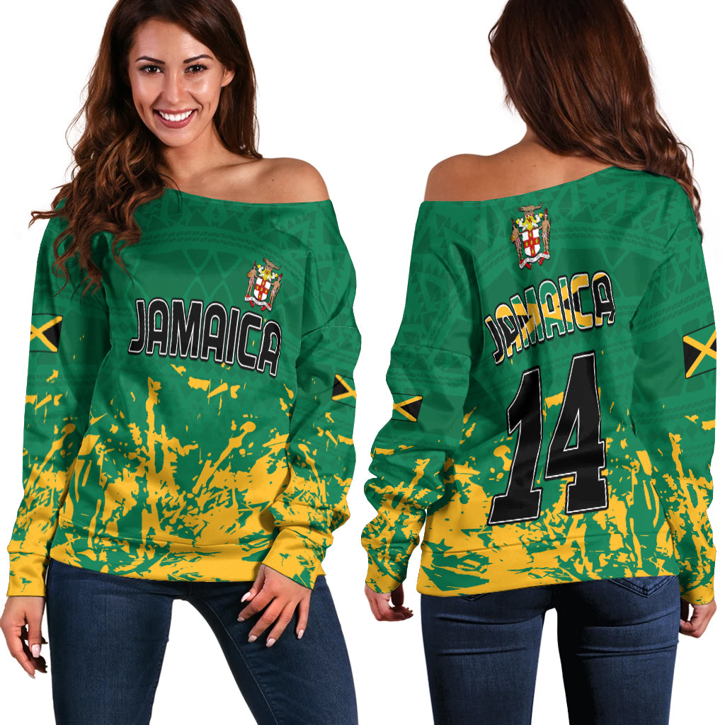 Custom Number Jamaica Athletics Off Shoulder Sweater Jamaican Flag With African Pattern Sporty Style LT14