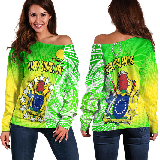 Happy Mangaia Gospel Day Off Shoulder Sweater Cook Islands Coat of Arms Polynesian Pattern LT14
