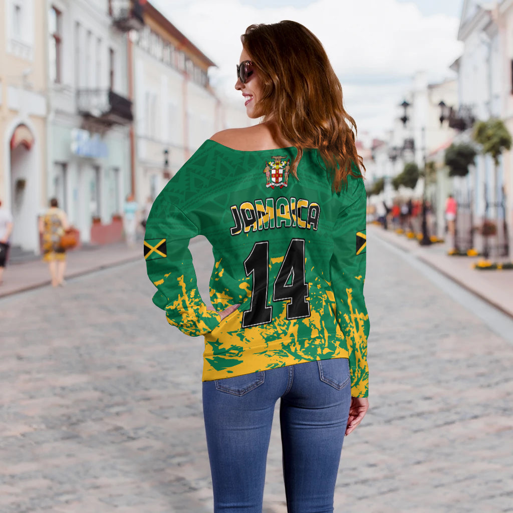 Custom Number Jamaica Athletics Off Shoulder Sweater Jamaican Flag With African Pattern Sporty Style LT14