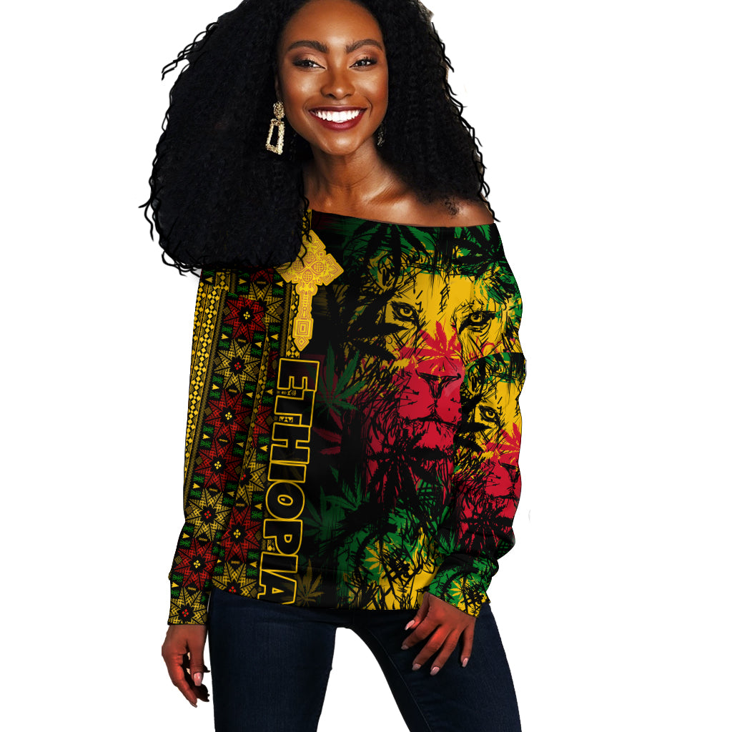 Ethiopia Lion Reggae Off Shoulder Sweater Ethiopian Cross LT13