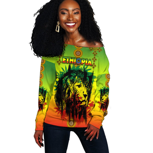 Ethiopia Off Shoulder Sweater Cross Mix Lion Colorful Style LT14