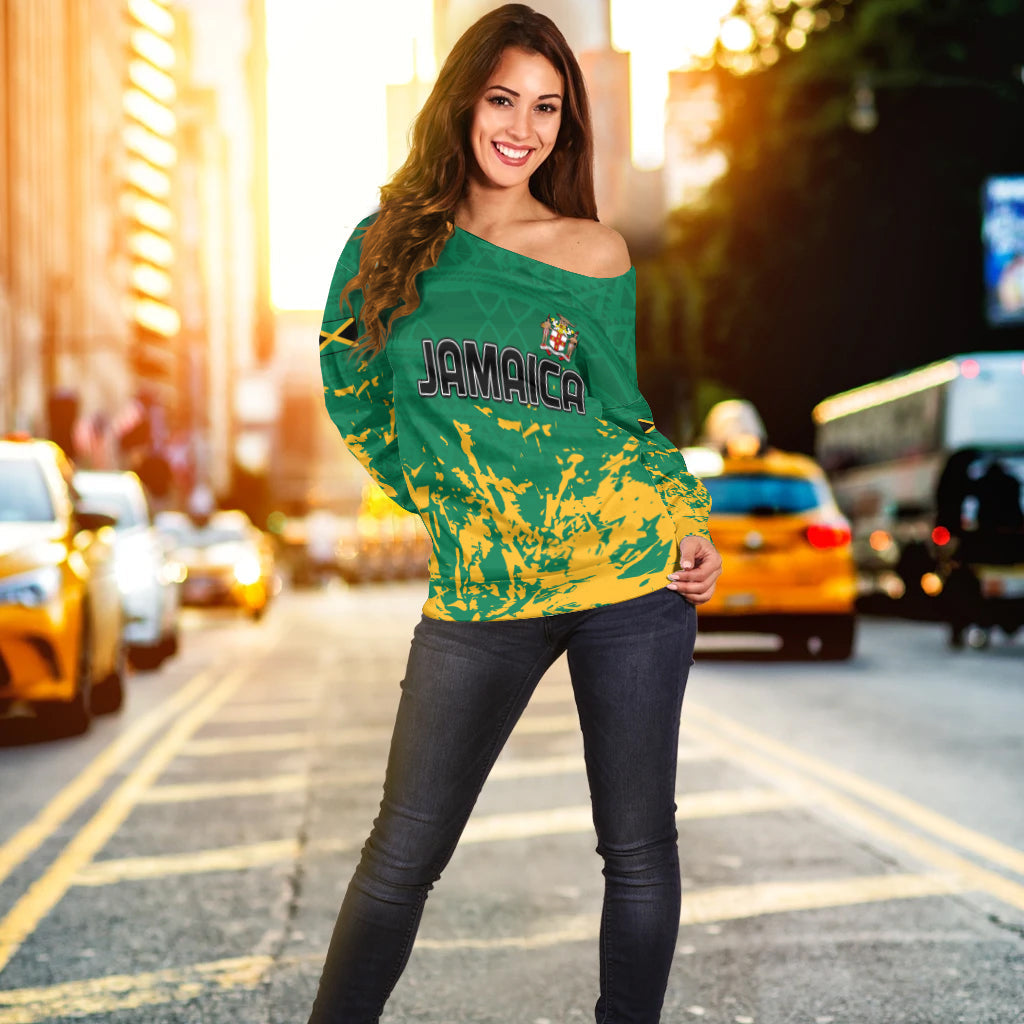 Custom Number Jamaica Athletics Off Shoulder Sweater Jamaican Flag With African Pattern Sporty Style LT14