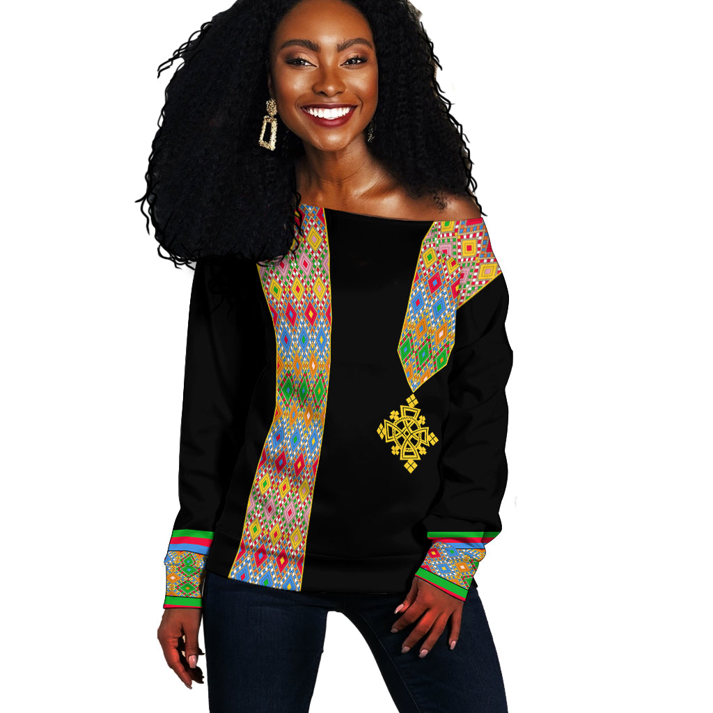 Habesha Tilet Pattern Off Shoulder Sweater Eritrea Emblem LT7