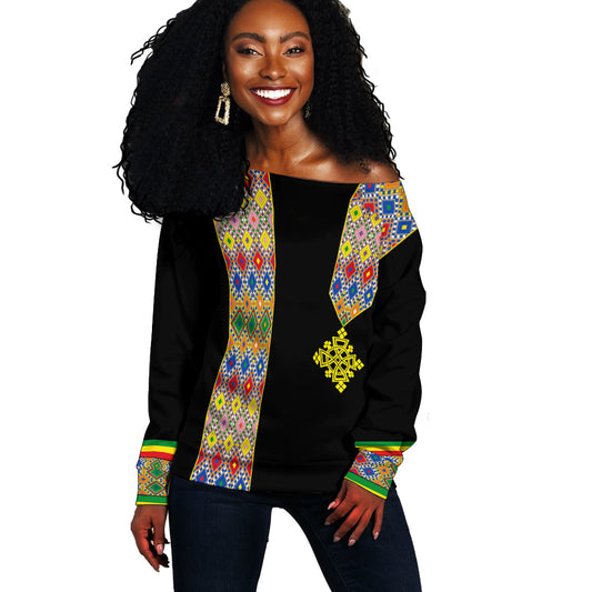 Habesha Tilet Pattern Off Shoulder Sweater Ethiopia Emblem LT7