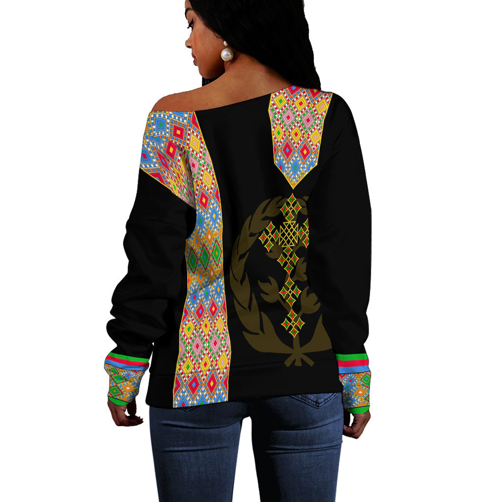 Habesha Tilet Pattern Off Shoulder Sweater Eritrea Emblem LT7