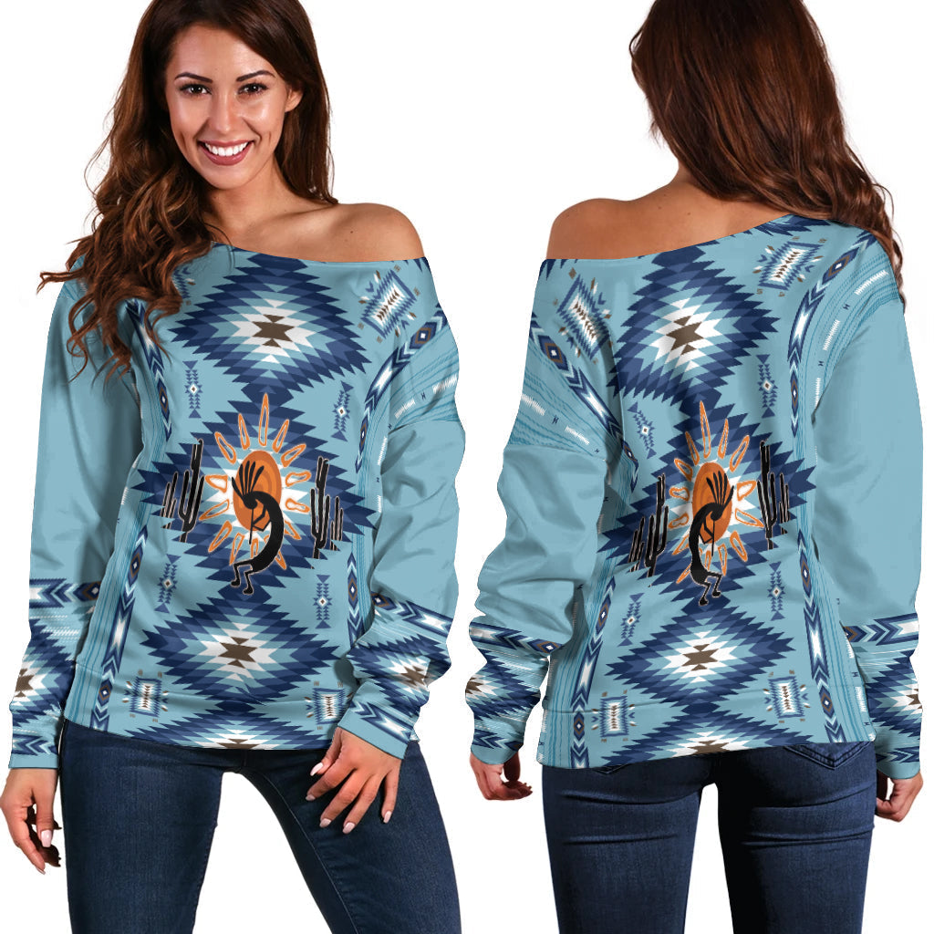 Native American Off Shoulder Sweater Kokopelli Mix Navajo Pattern LT7