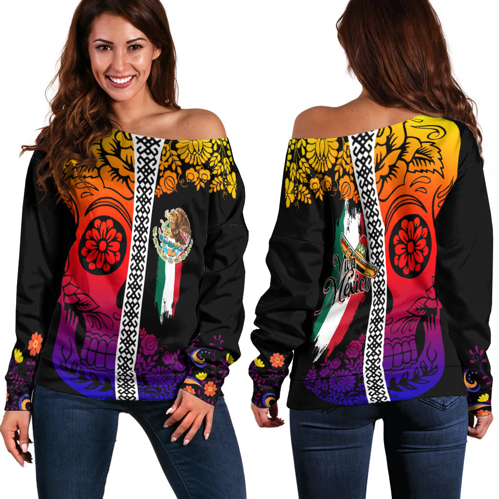 Mexican Dia de Muertos Sugar Skull Off Shoulder Sweater Viva Mexico LT7