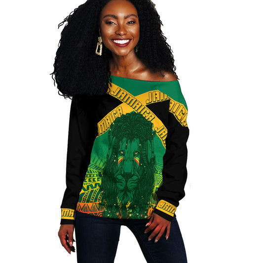 Jamaica Personalised Off Shoulder Sweater Rastafari Lion Mix Kente LT7