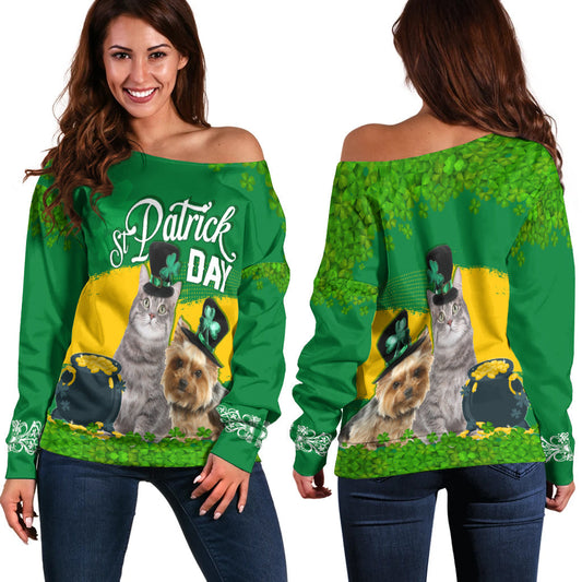 Happy St.Patrick Day Green Off Shoulder Sweater Pets in Leprechaun Hat LT7