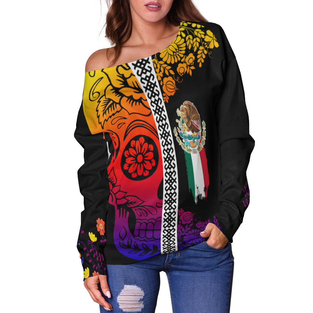 Mexican Dia de Muertos Sugar Skull Off Shoulder Sweater Viva Mexico LT7