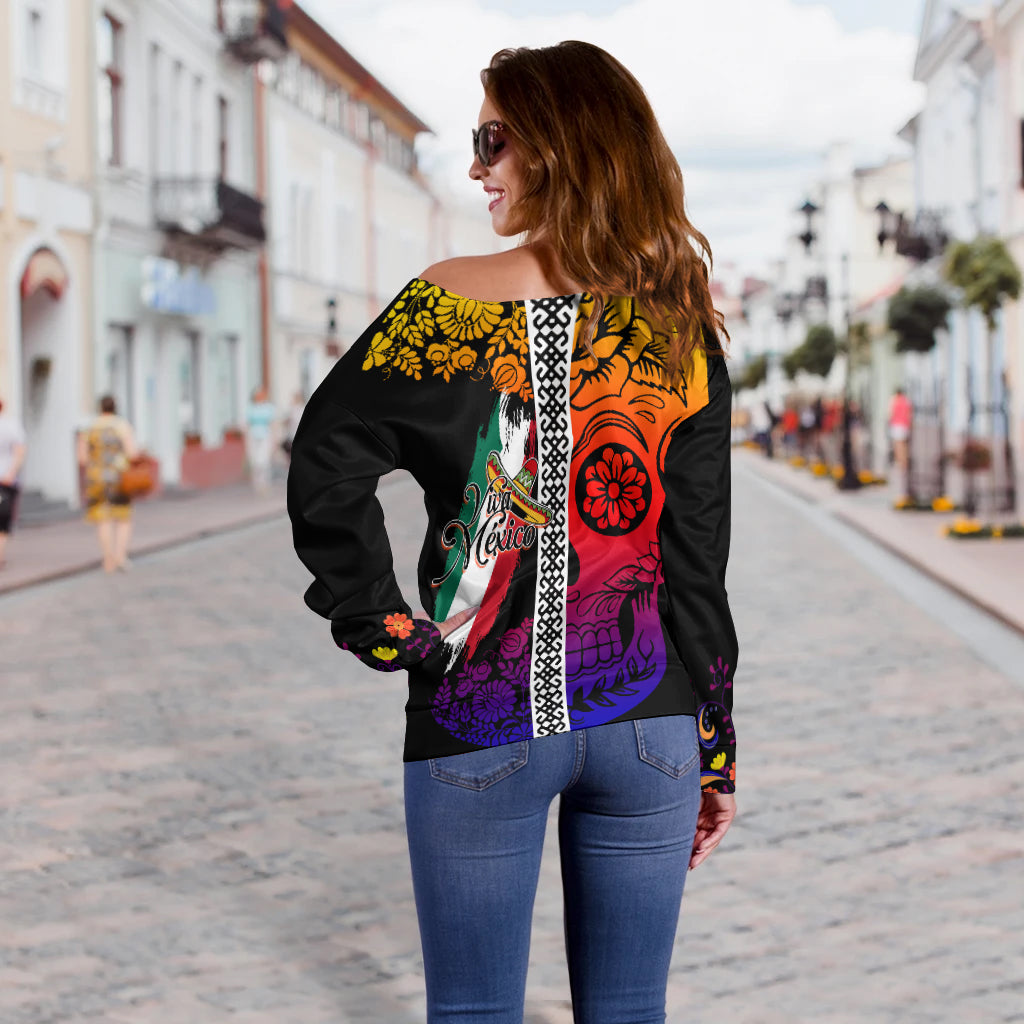 Mexican Dia de Muertos Sugar Skull Off Shoulder Sweater Viva Mexico LT7