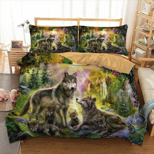 Native American Wolf Happiness Family In The Spring Forest Bedding Set LT10