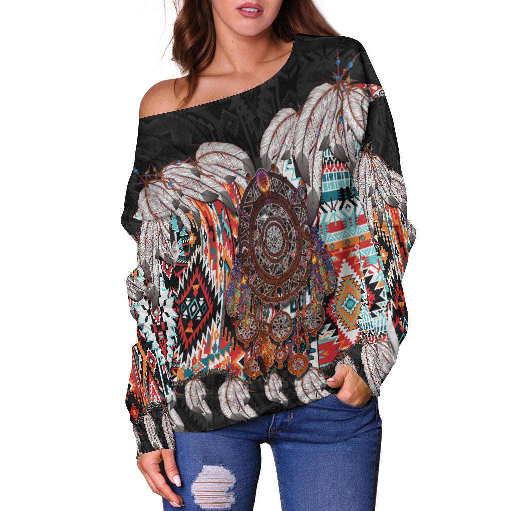 Native American Women's Off Shoulder Sweater Native Patterns Dreamcatcher LT6