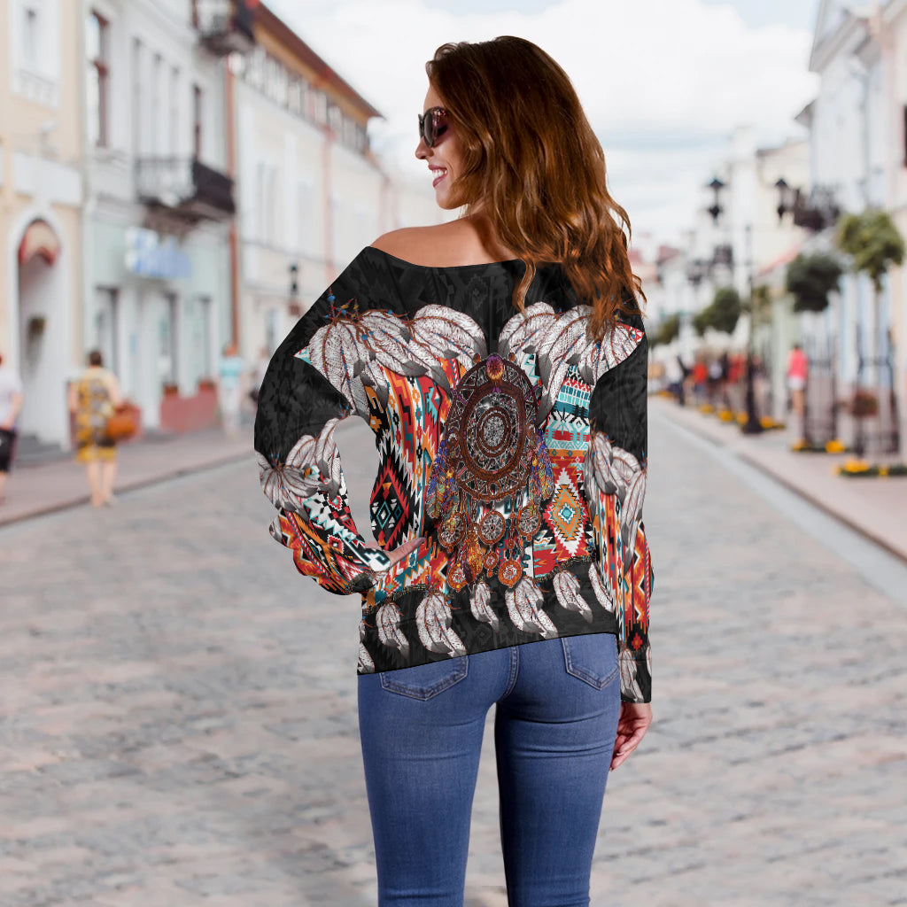 Native American Women's Off Shoulder Sweater Native Patterns Dreamcatcher LT6