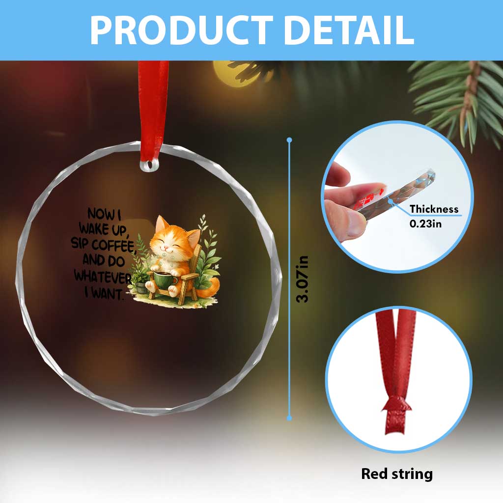 Cat Coffee Lover Crystal Glass Ornament Now I Wake Up Sip Coffee And Do Whatever I Want TS12