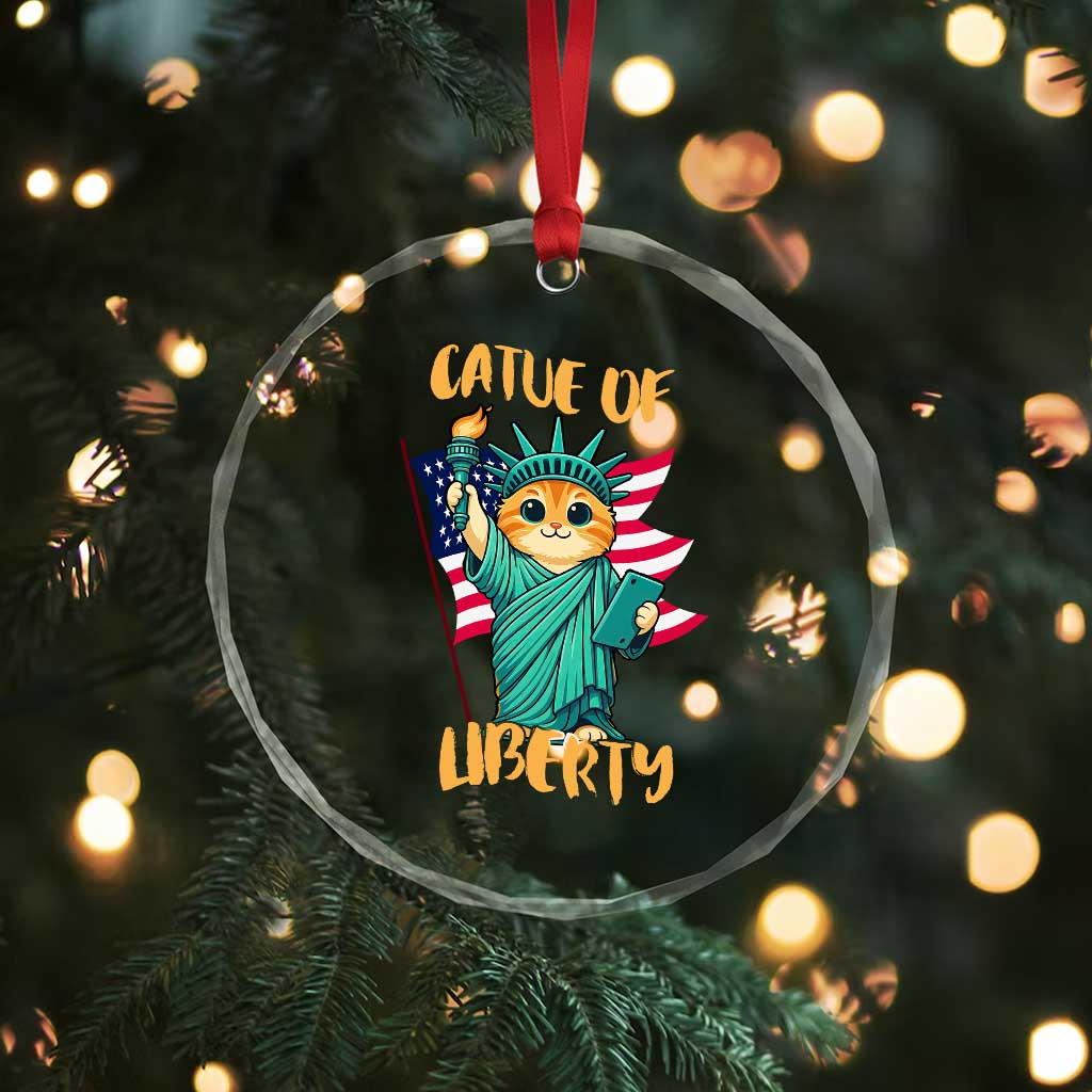 Cat Statue Of Liberty Crystal Glass Ornament Patriotic American Flag TS12