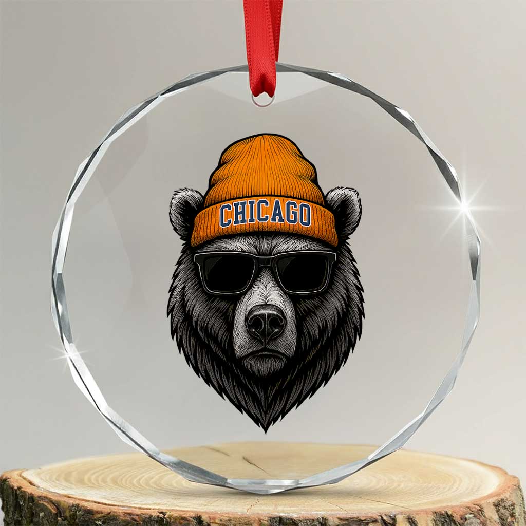 Cool Bear Chicago Graphic Crystal Glass Ornament Retro Vibe City Pride Beanie and Sunglasses TS02