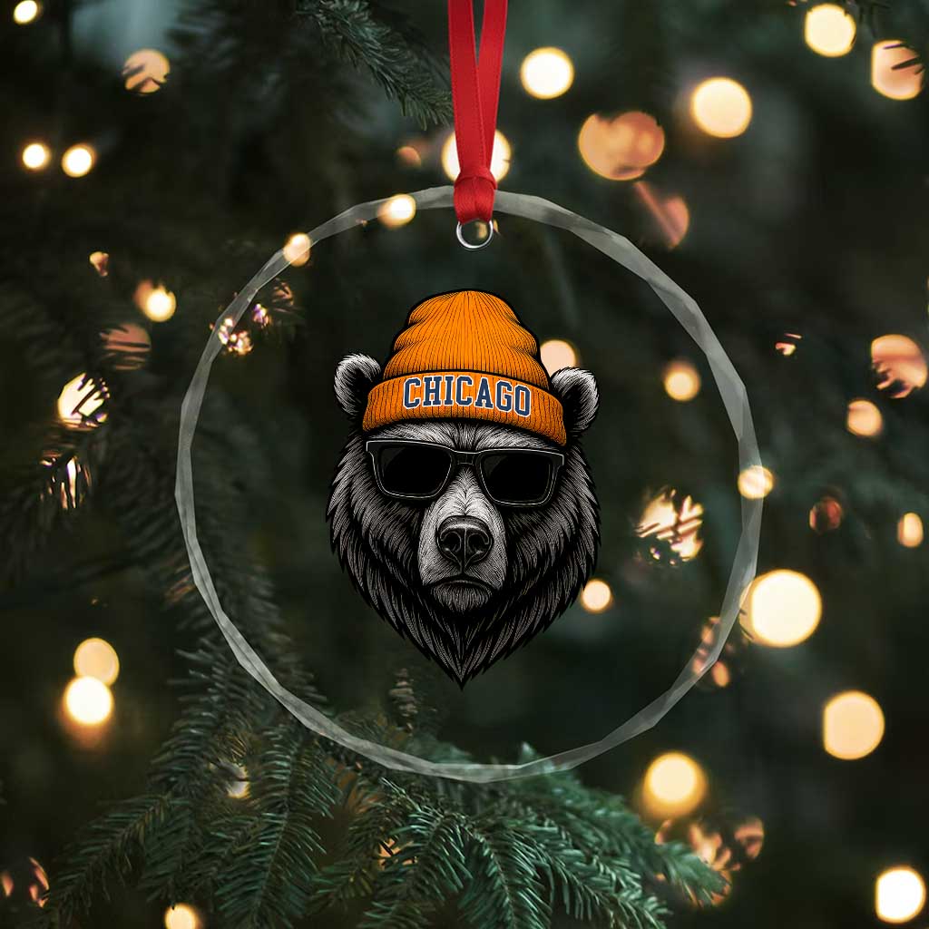 Cool Bear Chicago Graphic Crystal Glass Ornament Retro Vibe City Pride Beanie and Sunglasses TS02